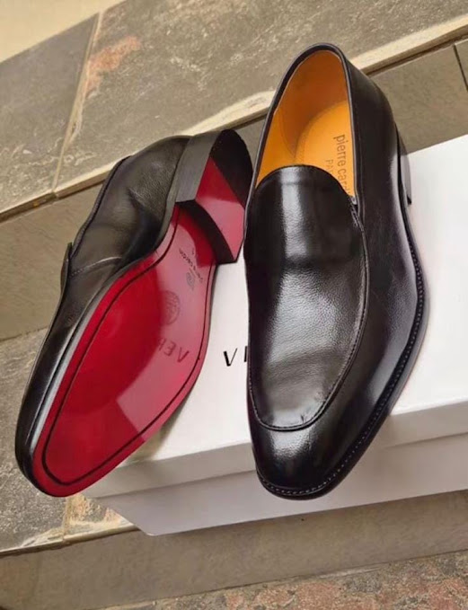 Pierre Cardin Men's Luxury Leather Slip-On Loafers - Black Apron-Toe with Red Sole
